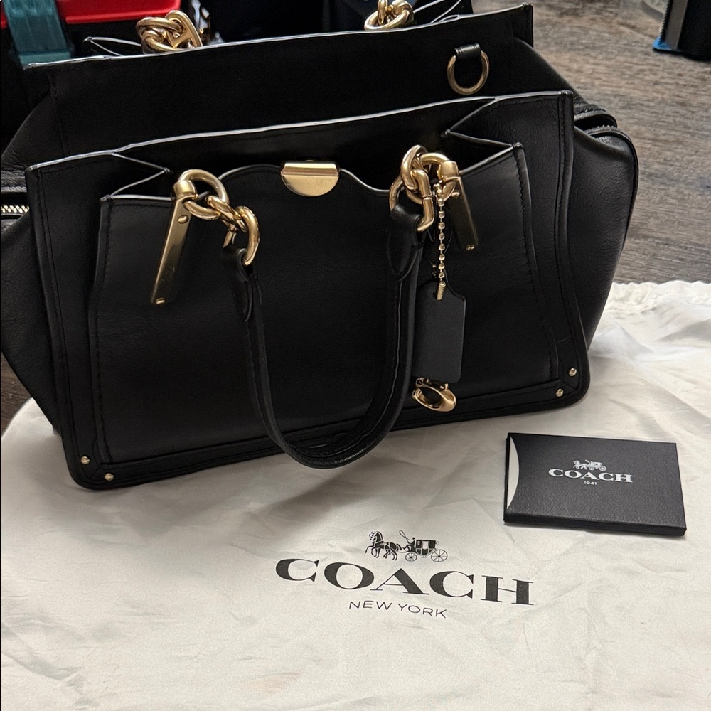 Coach Dreamer Black Leather Satchel with Gold Accents